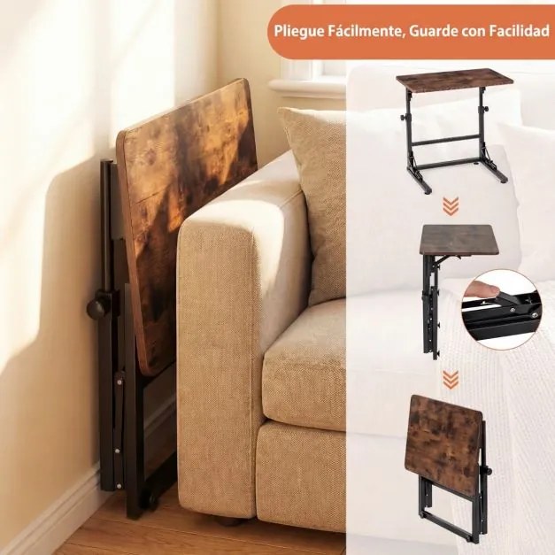 Mesa auxiliar dobrável em forma de C com altura ajustável 59,5 x 39 x 51-66 cm, estrutura metálica, para sala ou quarto, castanho rústico