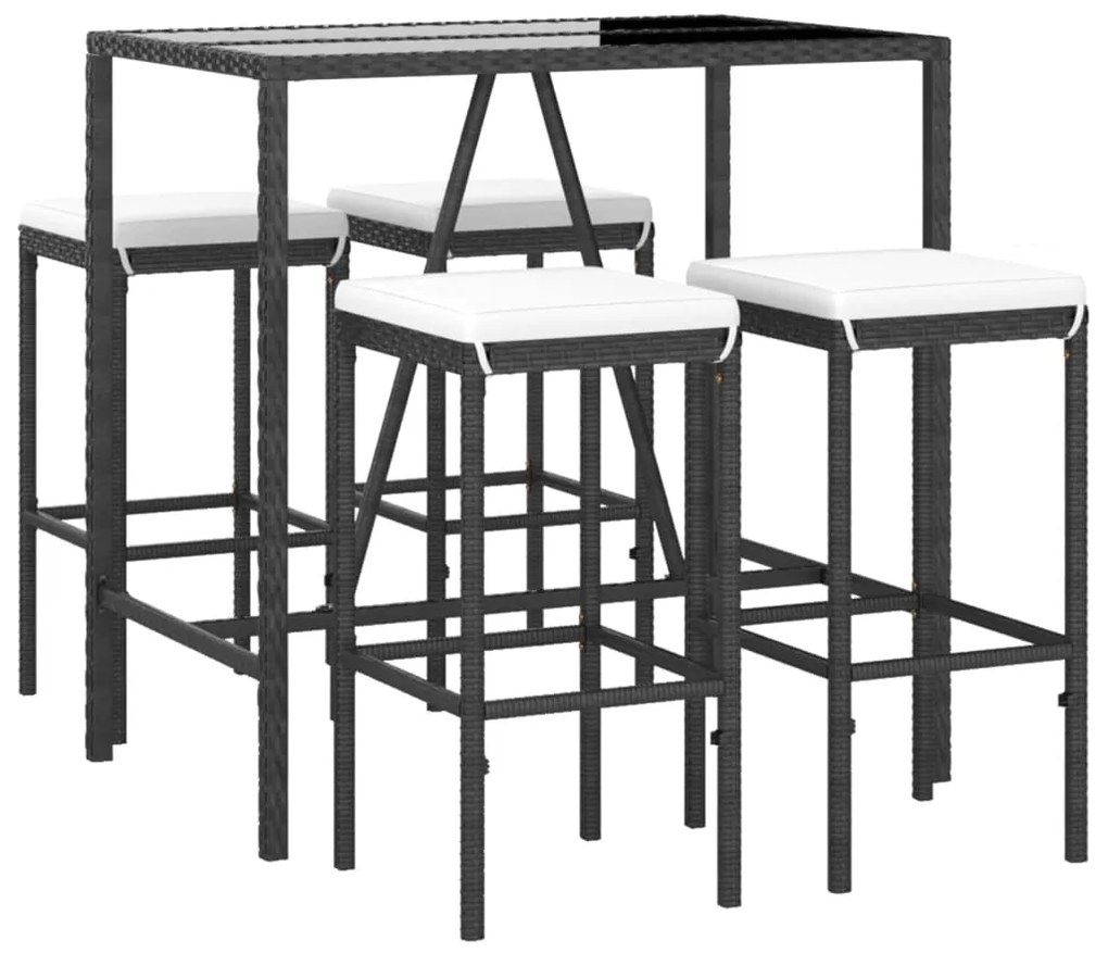 5 pcs conjunto de bar p/ jardim c/ almofadões vime PE preto
