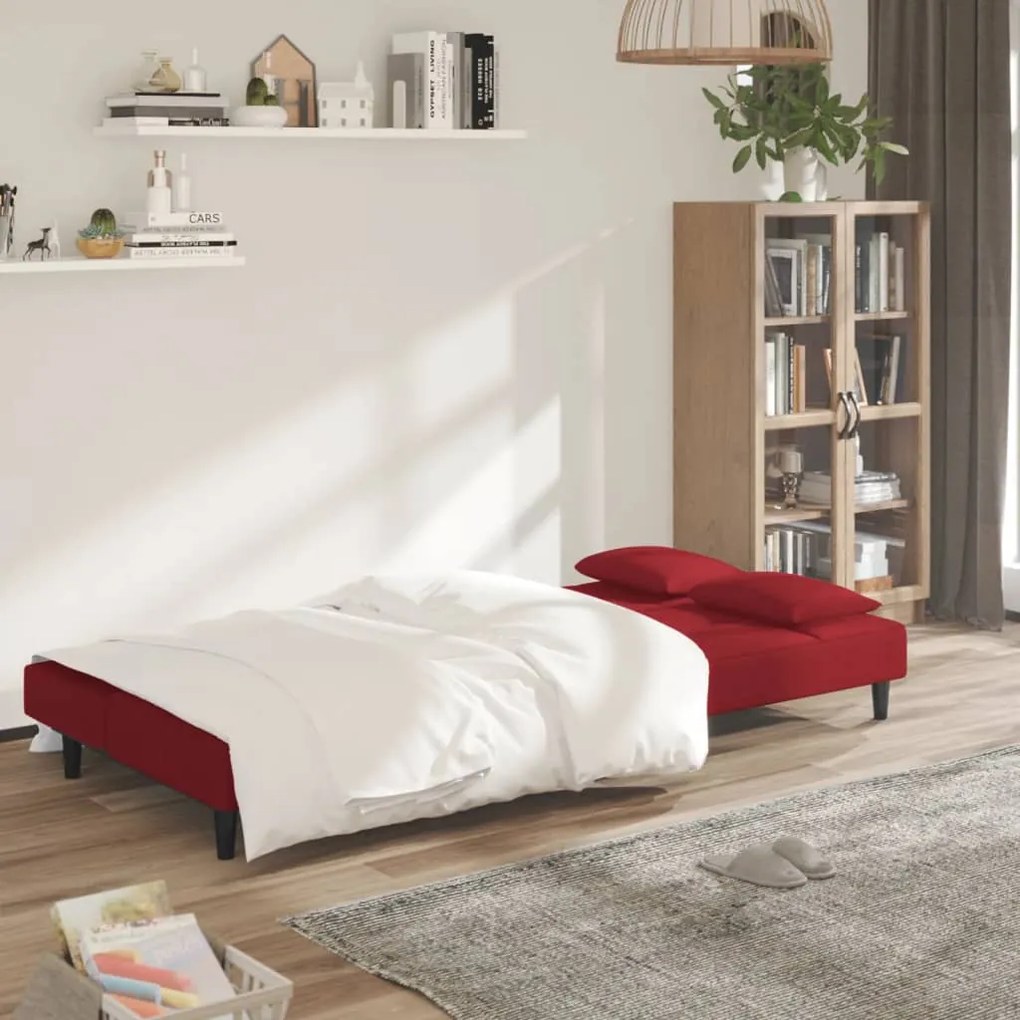 Sofá-cama 2 lugares com duas almofadas veludo vermelho tinto