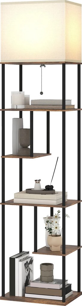 Candeeiro de pé com prateleiras 40 x 29 x 171 cm, candeeiro de pé para sala com regulador de intensidade, comando à distância, castanho rústico