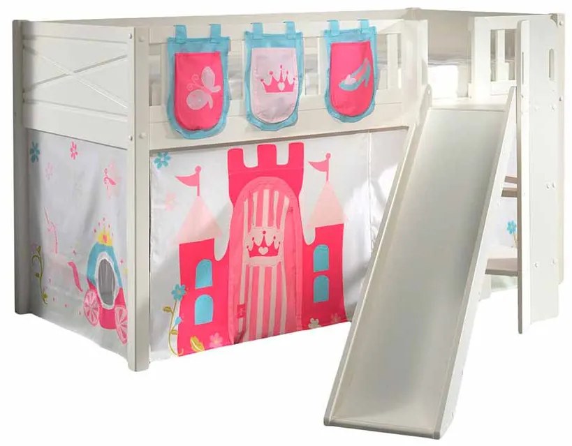 Conjunto cama Infantil SCOTT + escorrega + cortina de brincar PRINCESAS + 3 bolsos de arrumação Branca