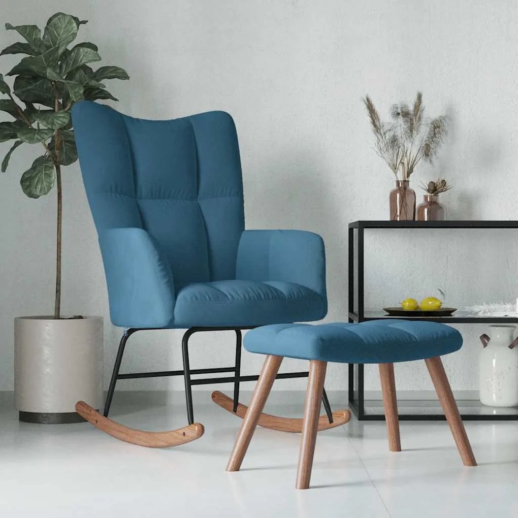 vidaXL Cadeira de baloiço com banco veludo azul