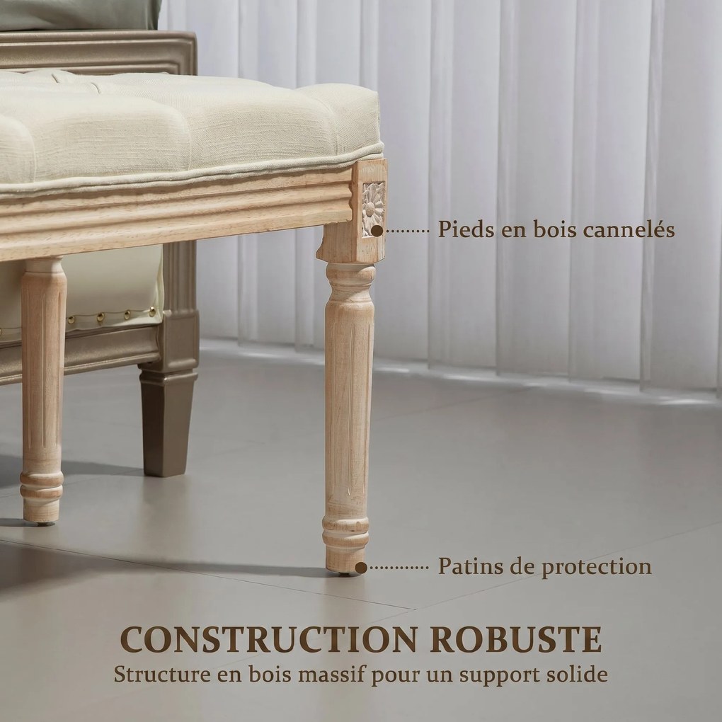 Banco aos Pés da Cama Capitonê, 115 x 40 x 43 cm, Revestimento com Aspeto de Linho, Creme