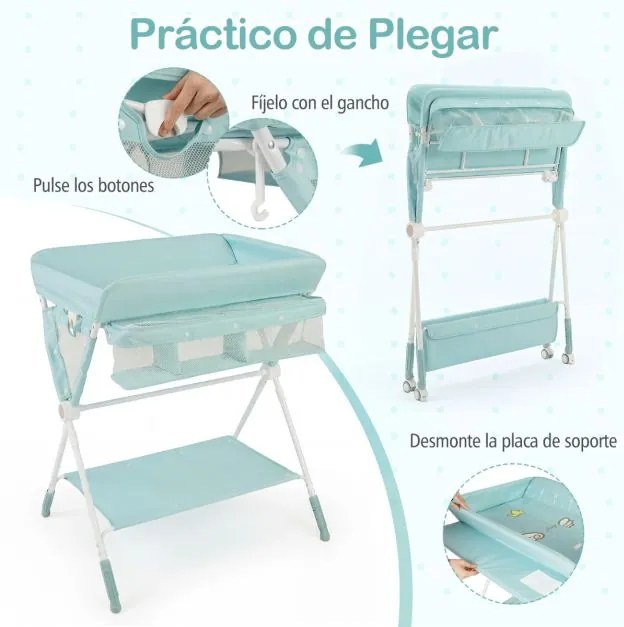 Mesa Trocador fraldas para Bebés Portátil e Dobrável Altura Ajustável 3 Níveis Organizador Móvel com Cesto Prateleira Rodas e Travão turquesa