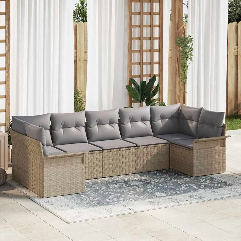 vidaXL Conjunto de Sofá de Jardim 7 Peças com Almofadas de Rattan Sintético Bege