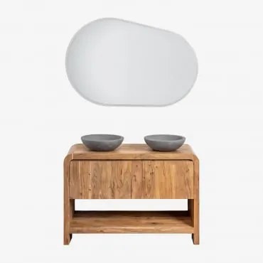 Conjunto De Móvel De Casa De Banho Em Madeira Vacry Castanho Acácia & 2 X Cimento Cinzento Redondo Ø40 Cm Tarsis & Oval Led E Anti-embaciamento 120x80