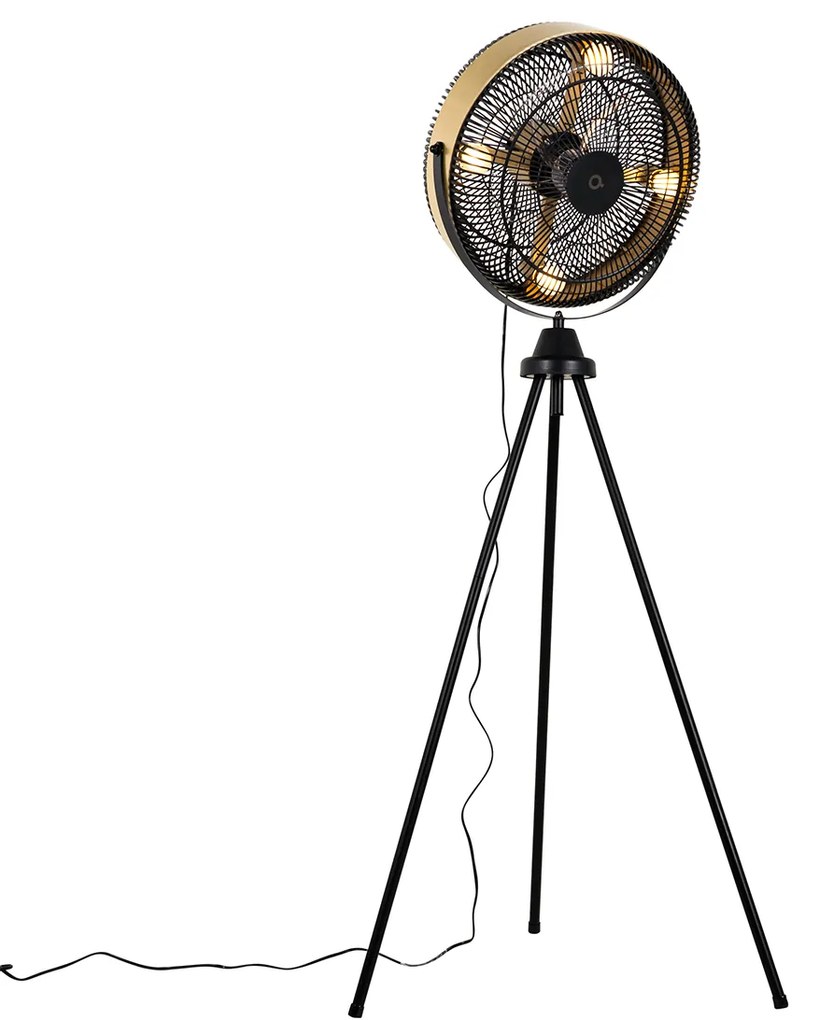 Ventilador de pé tripé preto com dourado 4 luzes - Kim Moderno
