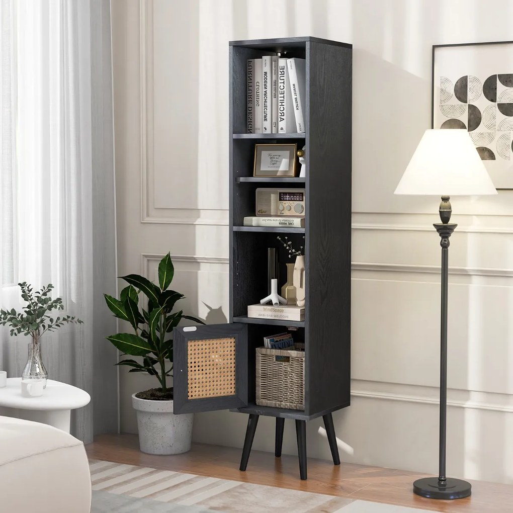 Estante em rattan estreito 29,5 x 29,5 x 137 cm com porta e prateleira ajustável para sala de estar Preto