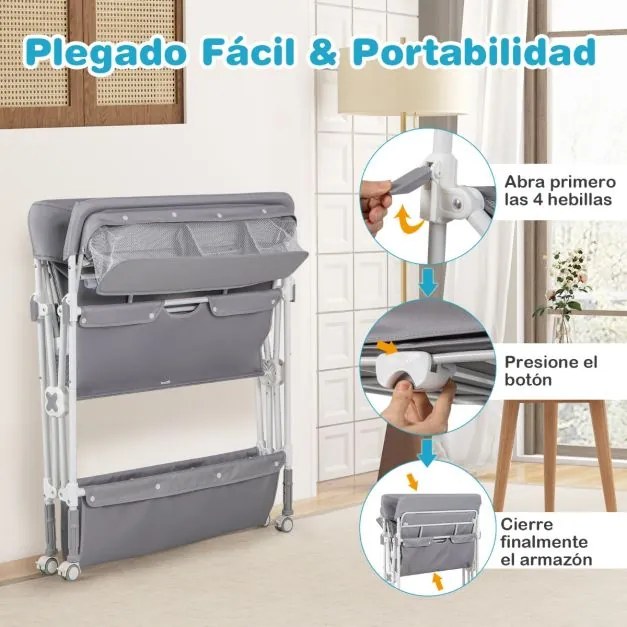 Mesa para trocar fraldas portátil dobrável com rodas impermeável altura ajustável e caixote do lixo para bebés Cinzento