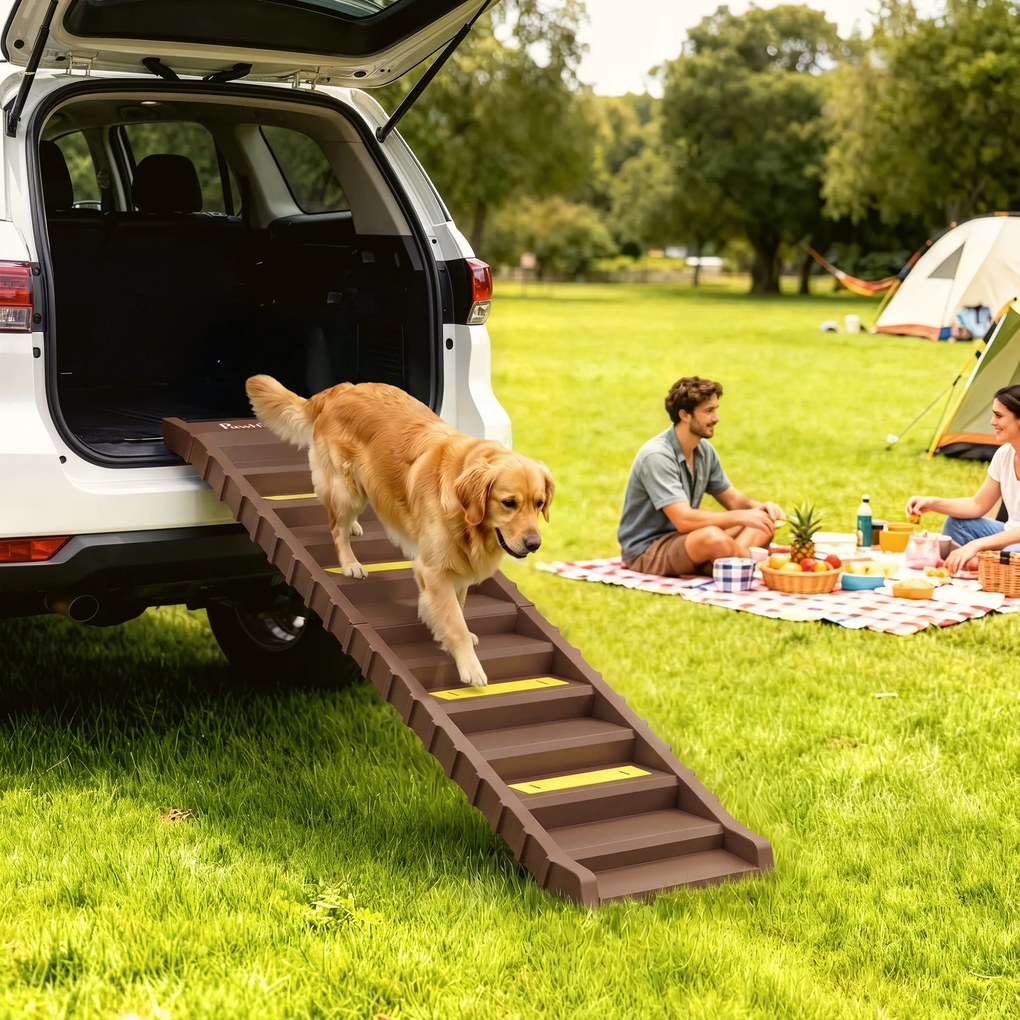 Rampa Dobrável para Cães 154 cm para Carro e Cama com 10 Degraus Antiderrapantes, até 68 kg, Castanho