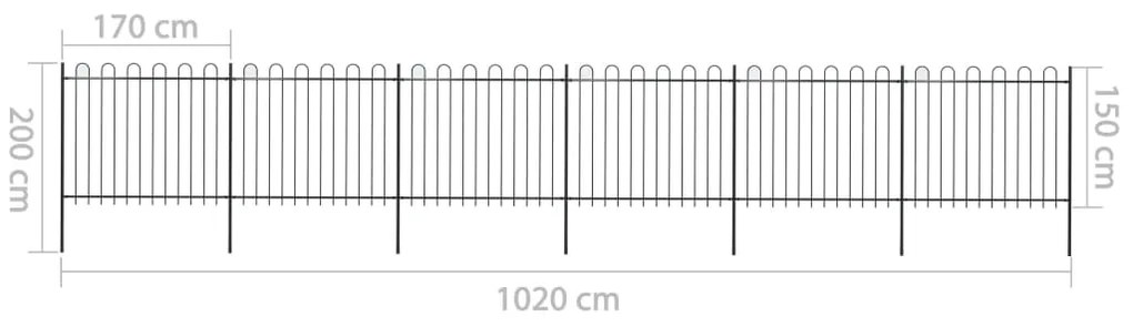 Cerca de jardim com topo em aros 10,2x1,5 m aço preto
