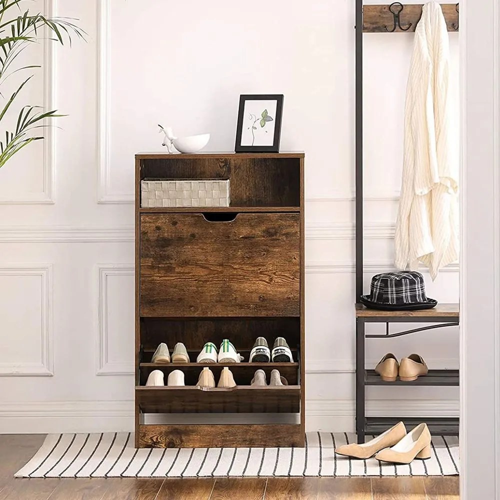 Sapateira com 2 portas, sapateira, prateleira para sapatos 60 x 24 x 102 cm castanho vintage