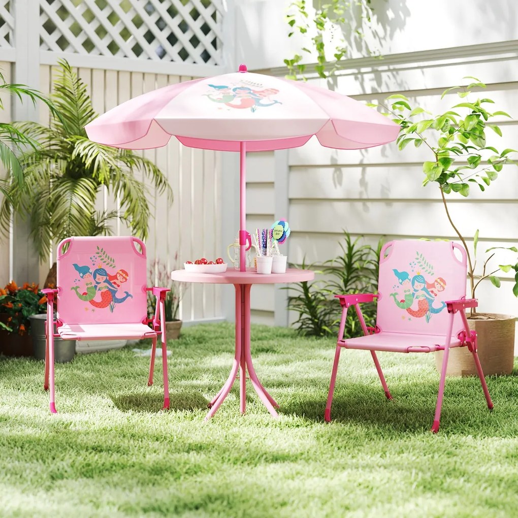 Conjunto de piquenique para crianças 3-6 anos Mesa de atividades ao ar livre com 2 cadeiras dobráveis e guarda-sol ajustável em altura Rosa