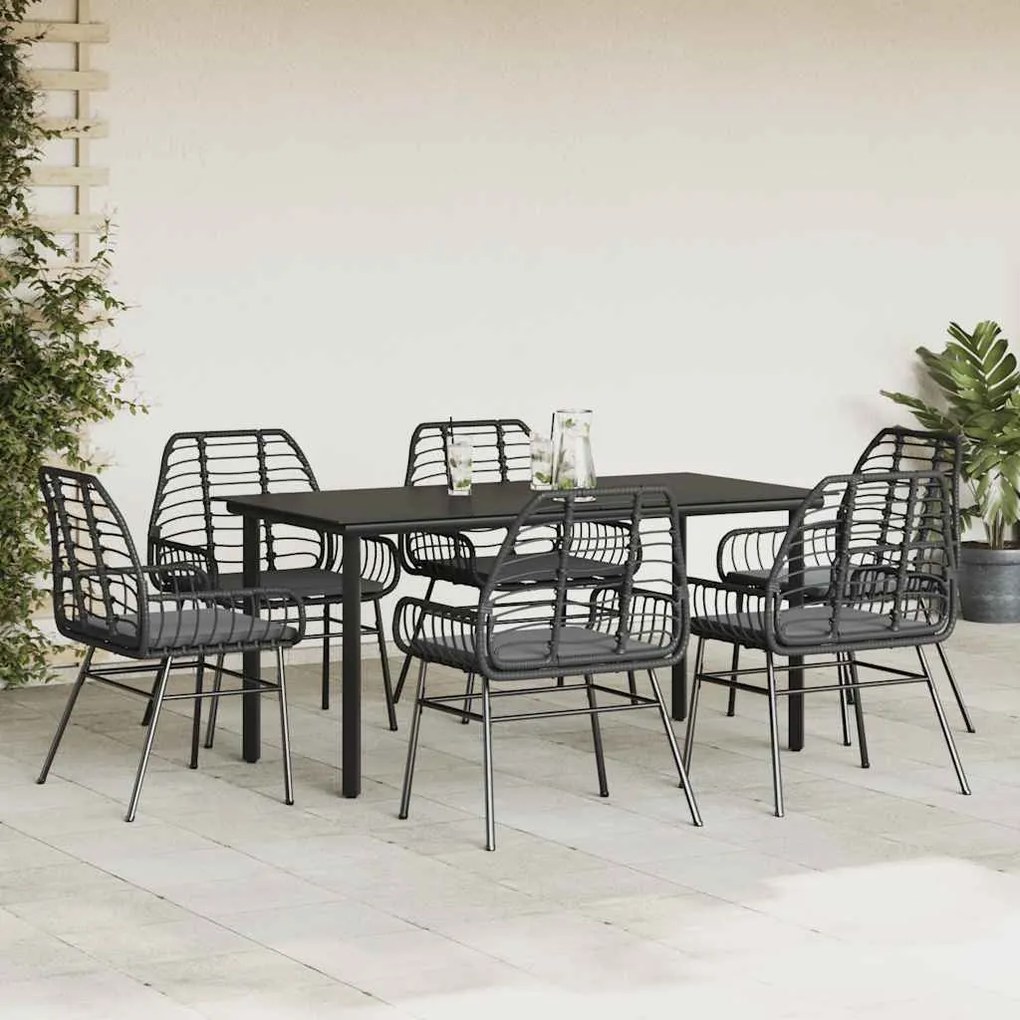 Conjunto de jantar jardim 7 peças almofadas vidro vime PE preto