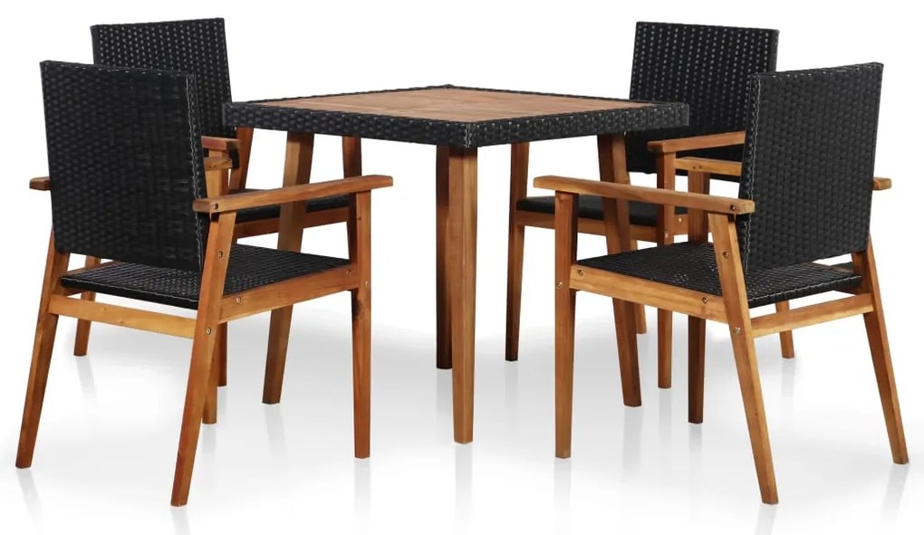 5 pcs conjunto de jantar para jardim vime PE preto e castanho