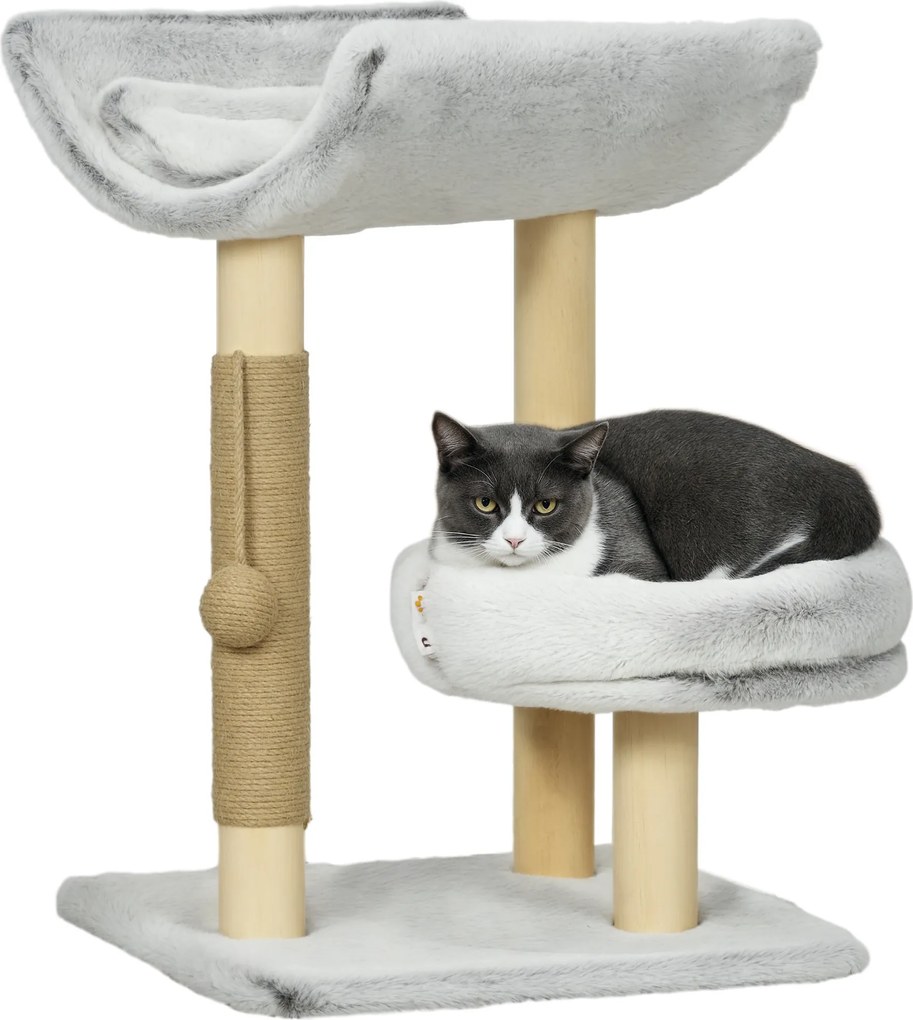 Arranhador para gatos, 1 nicho superior com almofada lavável, 1 nicho redondo em pelúcia, altura 60 cm, cinzento