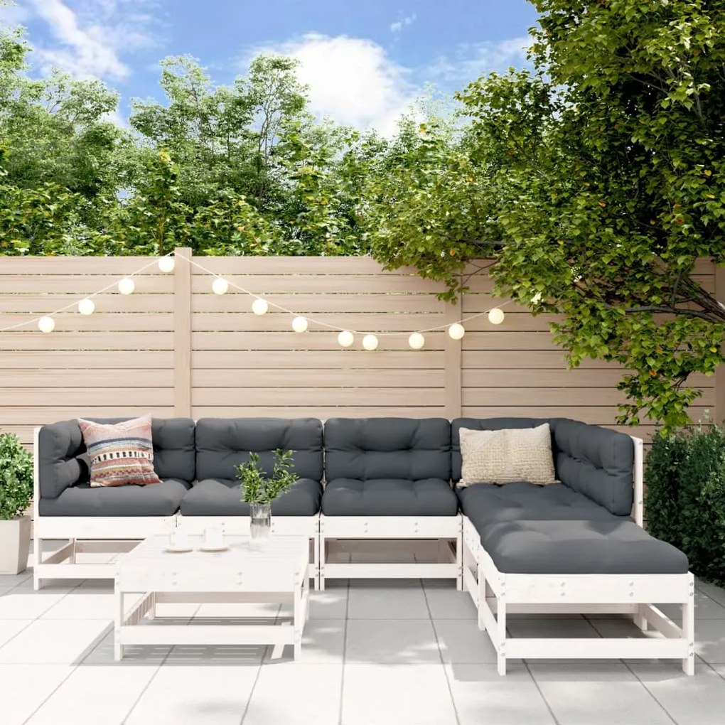 vidaXL 7pcs conjunto lounge jardim c/ almofadões madeira maciça branco