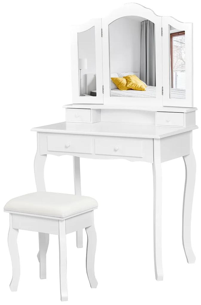 Toucador de quarto com espelho dobrável em 3 partes e banco com 4 gavetas 80 x 40,5 x 137 cm Branco