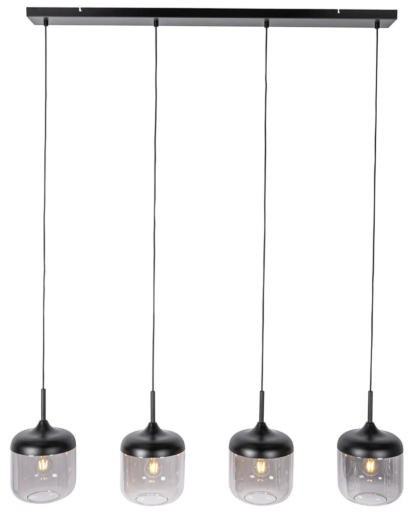 Candeeiro de suspensão design preto com dourado e vidro fumê 4-luzes - Kyan