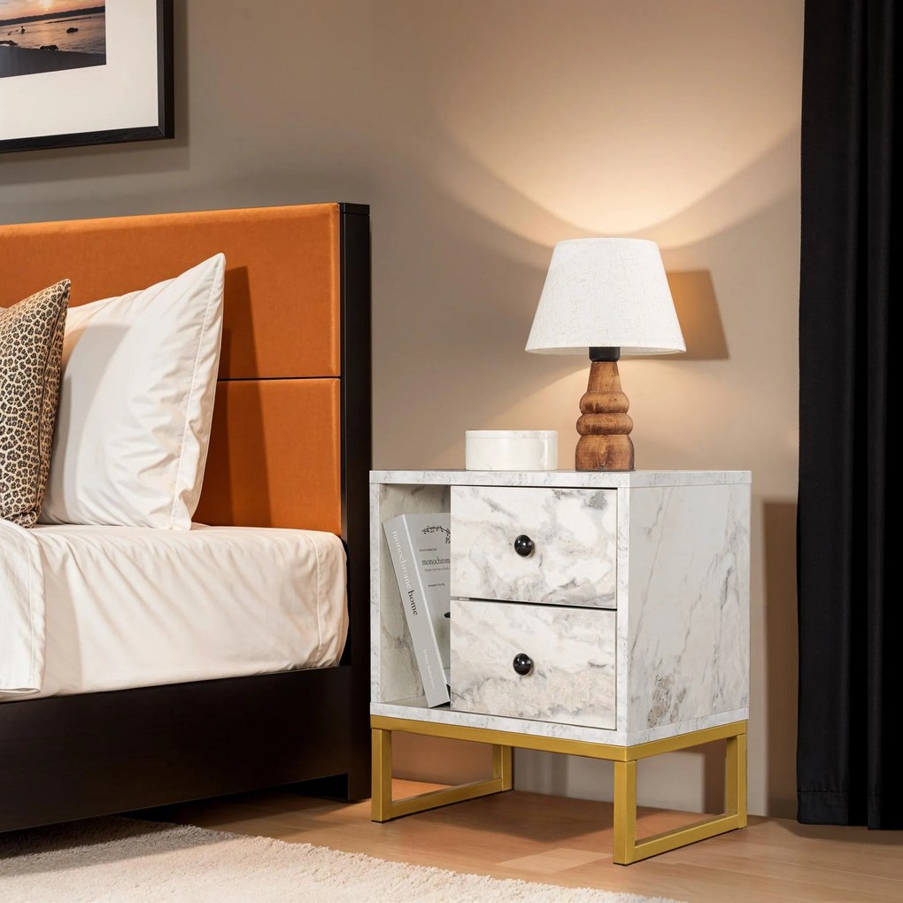 Mesa de Cabeceira Glimmer - Freesia Marble Gold - 45,2cm x 50cm x 29,5