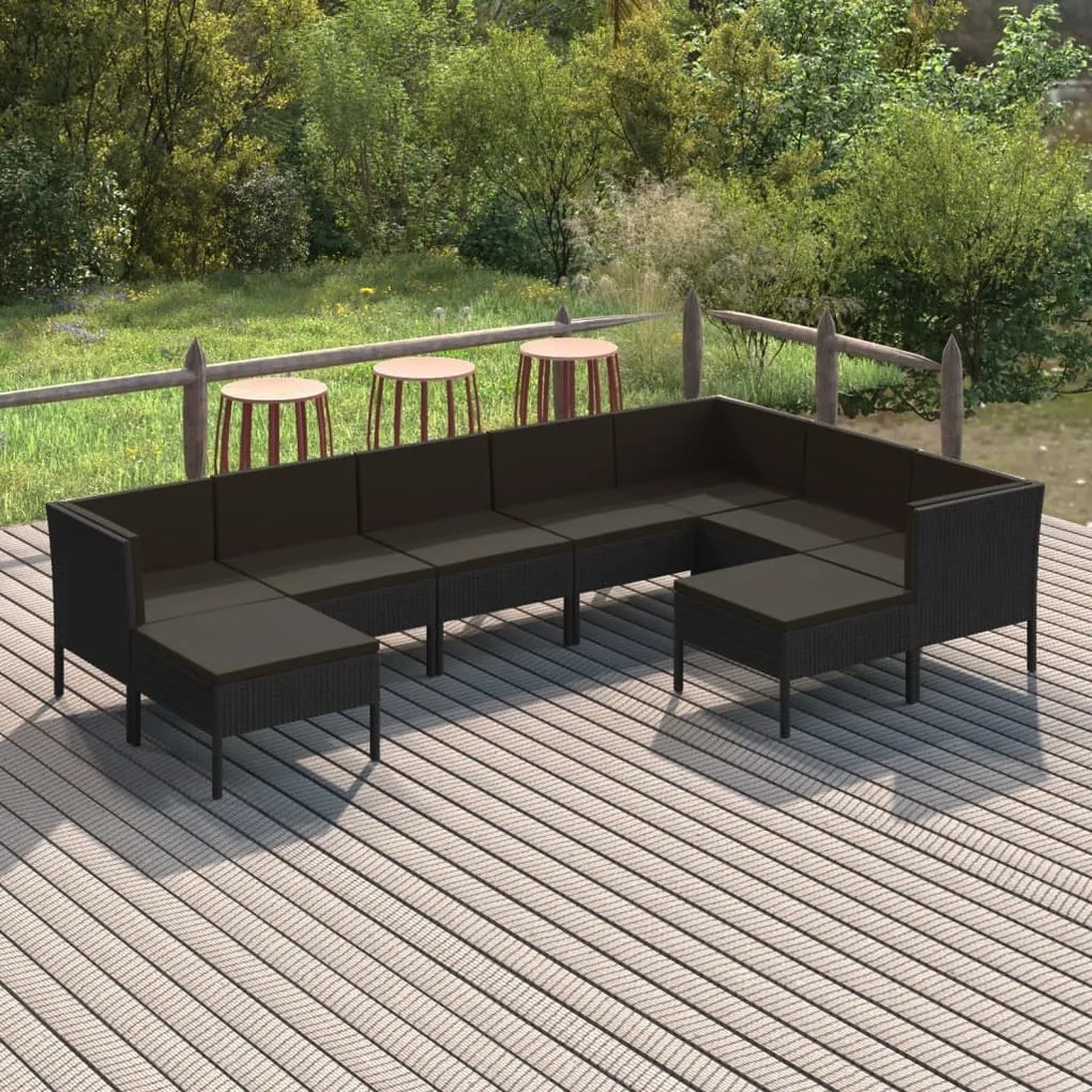 vidaXL 9 pcs conjunto lounge de jardim c/ almofadões vime PE preto