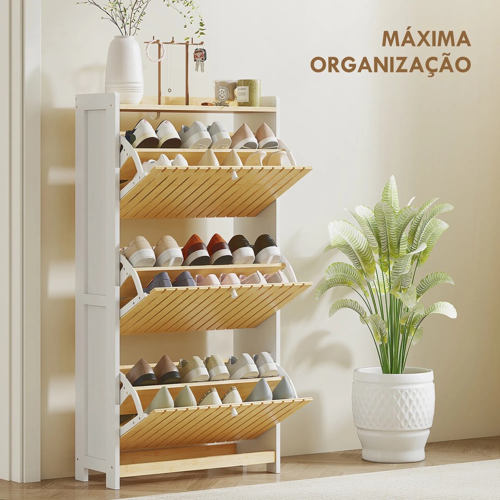 Sapateira Estreita com 3 Portas de Bambu Prateleiras Ajustáveis para 18 Pares de Sapatos 60x24x118 cm Branco e Madeira