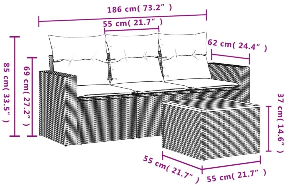 4 pcs conjunto sofás p/ jardim c/ almofadões vime PE cinzento