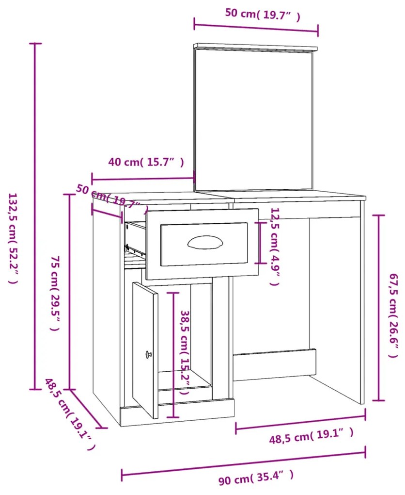 Toucador com espelho 90x50x132,5 cm derivados de madeira branco