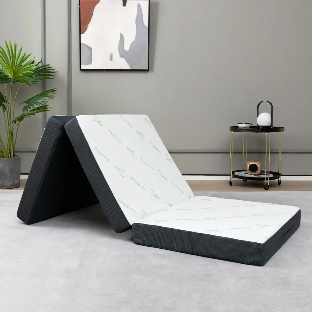 Colchão dobrável em 3 secções 193 x 80 x 10 cm de fibra de bambu e cobertura de tecido respirável com pega Branco e cinzento