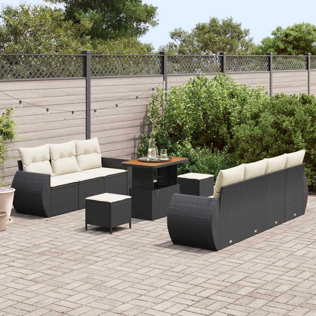 Conjunto de Sofá de Jardim 10 Peças com Almofadas Preto Vime PE Acácia