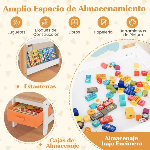 Conjunto de mesa e cadeira para crianças Mesa de actividades 4 em 1 para crianças com tampo reversível Estantes e caixas Natural