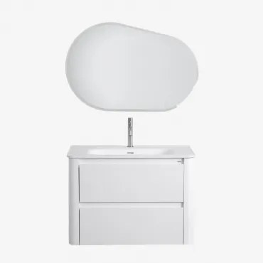 Conjunto De Móveis De Banheiro Em Madeira Com Pia Integrada E Espelho Egerton Branco & Ovalado Led (100x65 Cm) Meunier & Cromado ↑20 Cm - Sklum