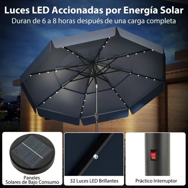 Guarda-sol solar de 300 cm com 32 luzes LED, parte superior ventilada com 3 níveis e ajuste de inclinação Azul marinho