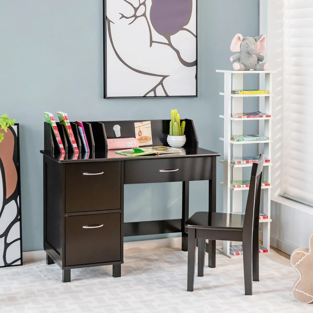 Conjunto de Mesa e Cadeira para Crianças com Armário de Gavetas de Grande Superfície para Crianças de Mesa de Estudo Castanha