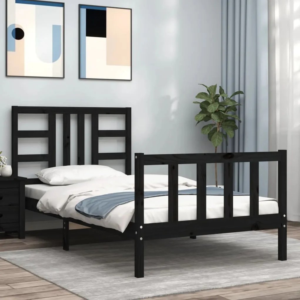 vidaXL Estrutura de cama com cabeceira 90x190 cm madeira maciça preto