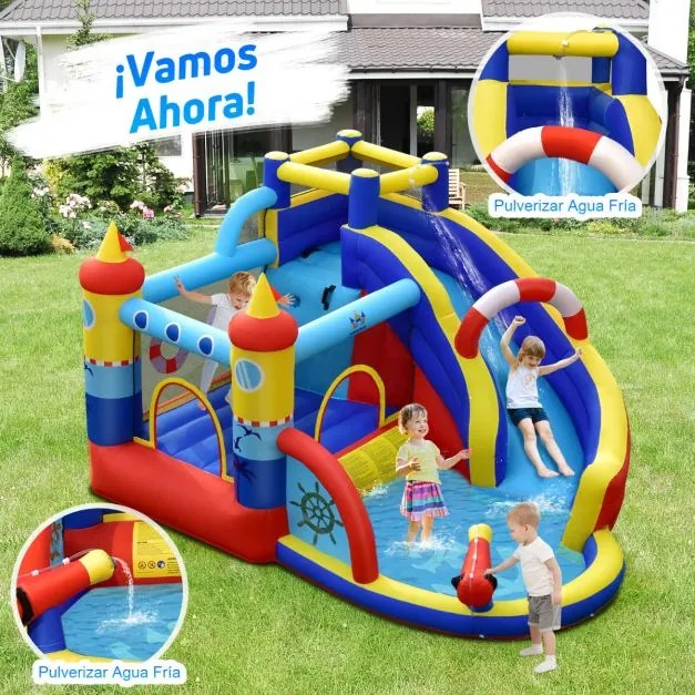 Castelo insuflável com compressor de 450 W Parque aquático infantil 6 em 1 com escorrega Área para saltar Piscina em forma de barco 360 x 290 x 200 cm