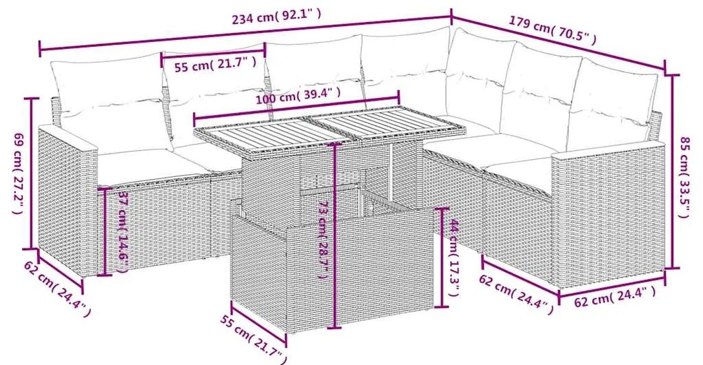 7 pcs conjunto de sofás p/ jardim c/ almofadões vime PE preto
