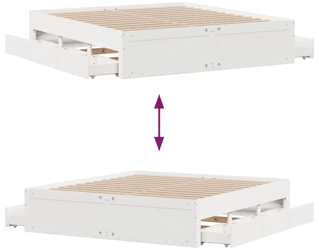 Cama sem colchão com gavetas 180x200 cm pinho maciça branco