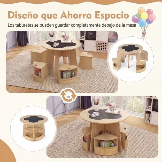 Conjunto de mesa e cadeiras para crianças de 5 peças: mesa redonda empilhável para crianças com bancos para atividades, economiza espaço, estilo natur