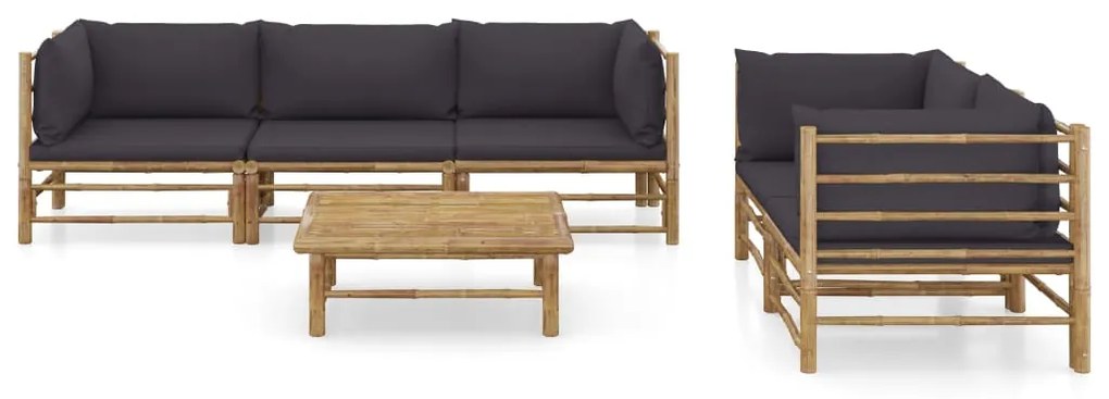 6 pcs conj. lounge jardim em bambu c/ almofadões cinza-escuro