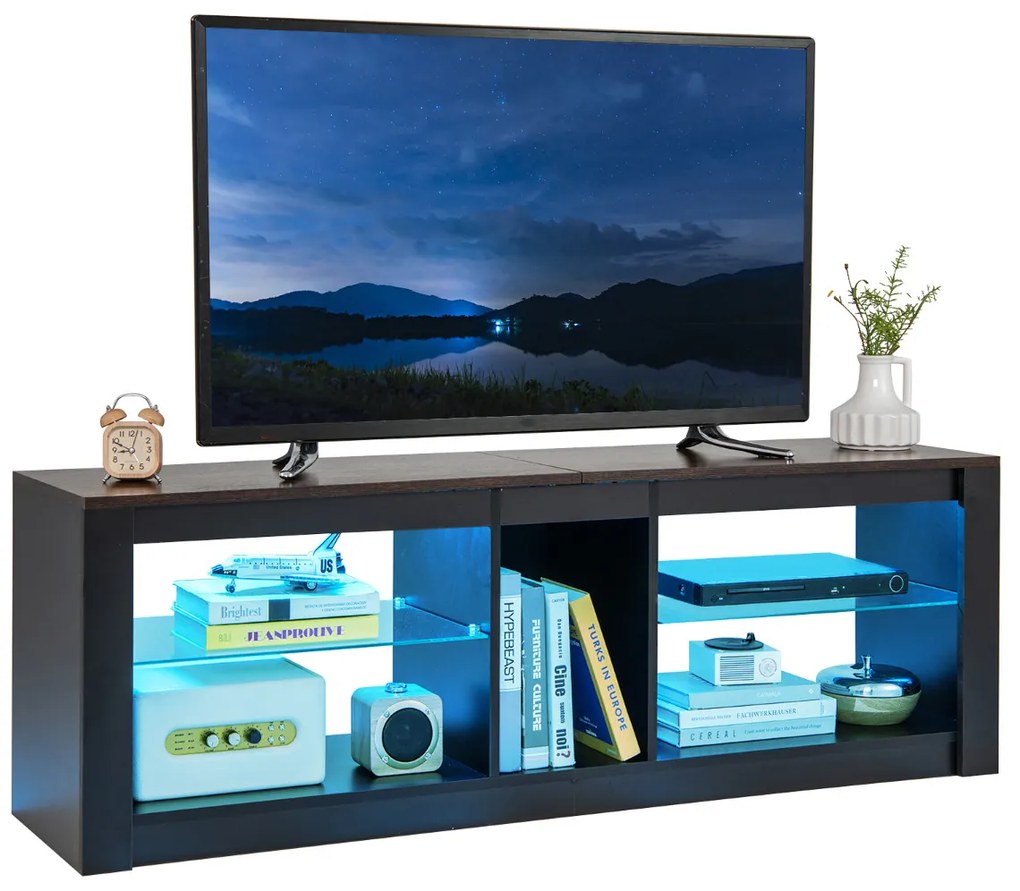 Móvel de TV com luz LED 140 x 35 x 47 cm para TVs até 65'' com Estantes de vidro temperado ajustáveis Castanho e Preto