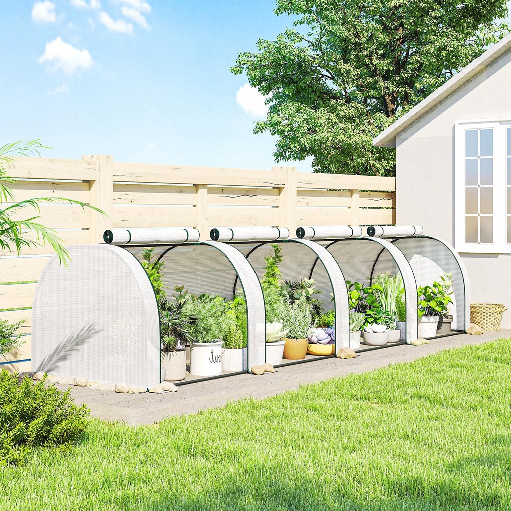 Mini estufa de jardim para tomates, 4 x 1 x 0,80 m, em aço e PE anti-UV, com 4 portas enroláveis com fecho de correr, branca