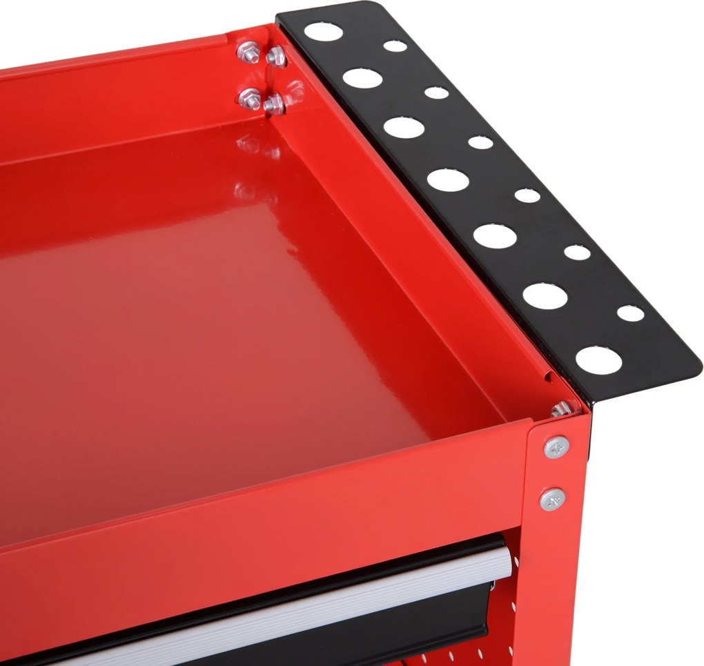 Carrinho de Ferramentas com 3 Bandejas e Gaveta Rodas com Travões Pega Lateral Painel Lateral Perfurado 82x35x76 cm Vermelho