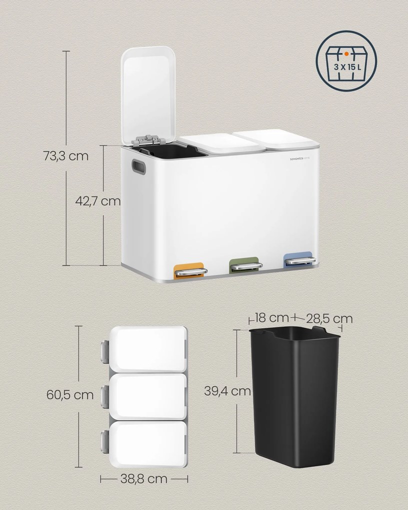 Caixote do lixo de cozinha com 3 compartimentos de 15 L branco