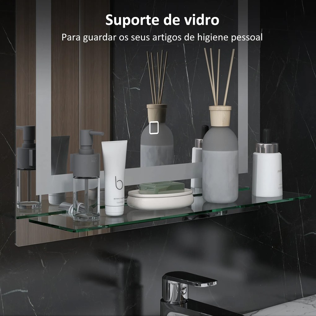 Espelho para Casa de Banho 50x70 cm com Moldura de Alumínio, Luzes LED Interruptor Tátil e Prateleira de Vidro para Casa de Banho Prata