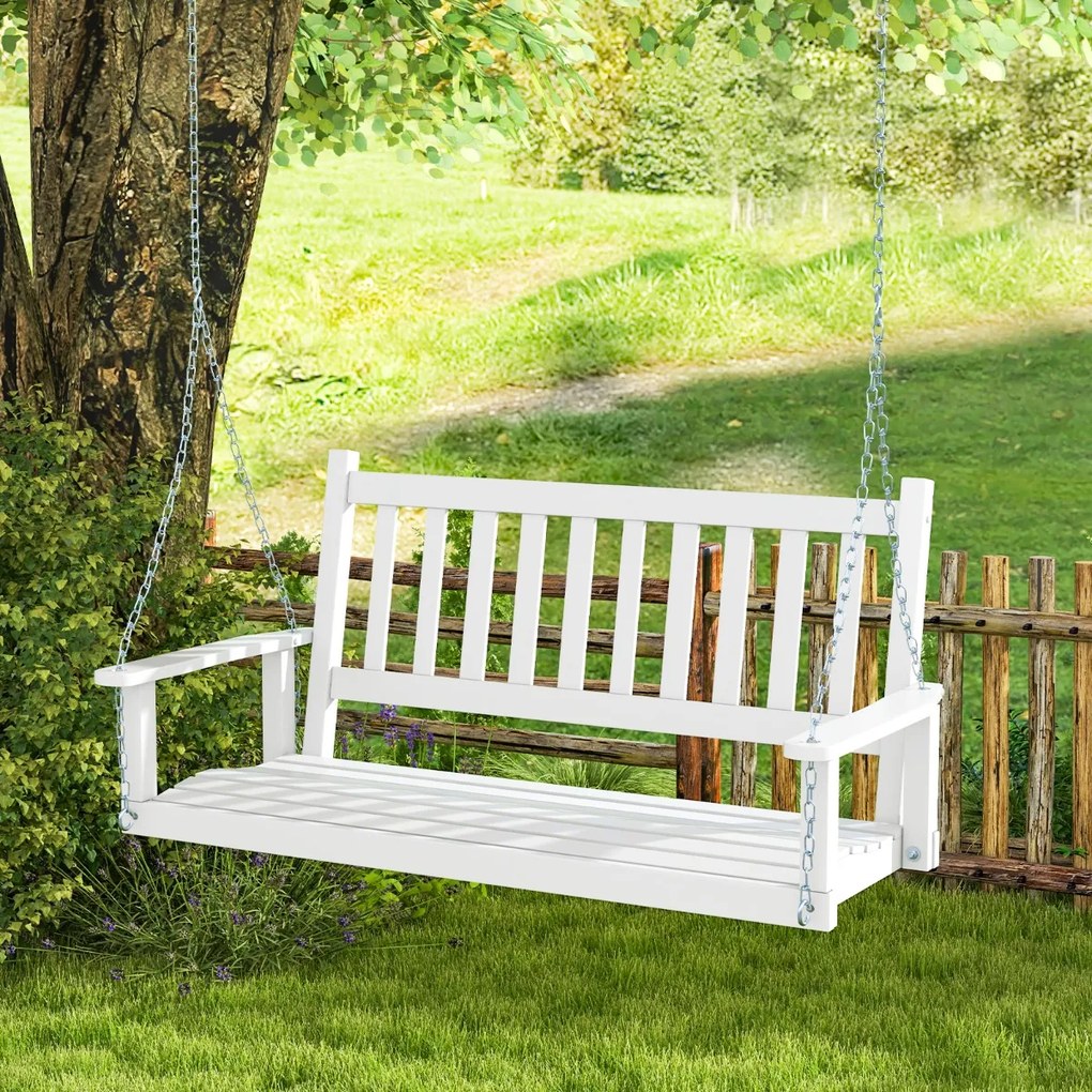 Banco de baloiço com 3 lugares 168 x 65 x 63 cm suspenso de madeira de choupo para jardim, Correntes ajustáveis Branco