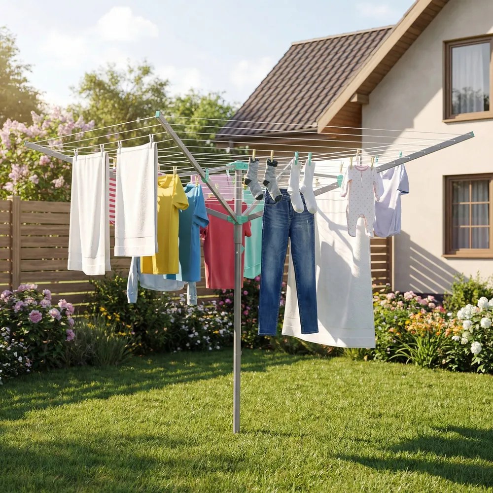 Estendal de roupa giratório 179,2 x 179,2 x 199 cm, 60 m de corda, Prateado