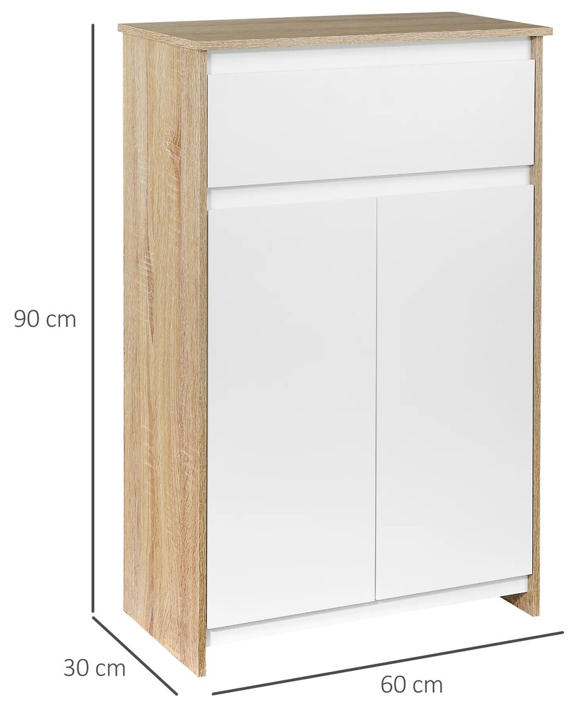 Móvel Auxiliar Casa de Banho com 1 Gaveta e 2 Portas Armário Casa de Banho de Estilo Moderno 60x30x90cm Branco e Madeira