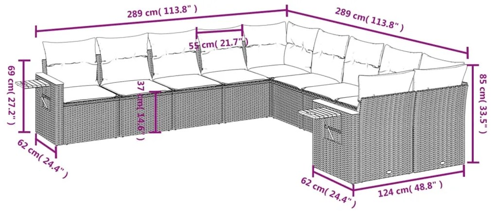 10 pcs conjunto de sofás p/ jardim c/ almofadões vime PE preto