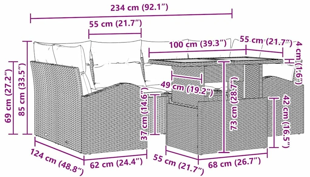 Conjunto de Jantar de Jardim de 7 Peças com Almofadas Pretas em Rattan